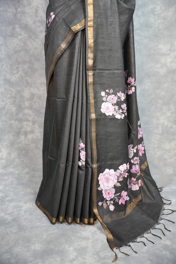 Midnight Bloom Floral Border Cotton Saree – Black Gold Designer Party Wear Cotton Saree