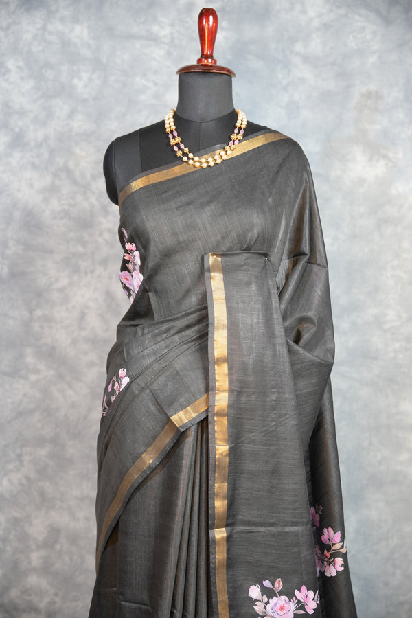 Midnight Bloom Floral Border Cotton Saree – Black Gold Designer Party Wear Cotton Saree