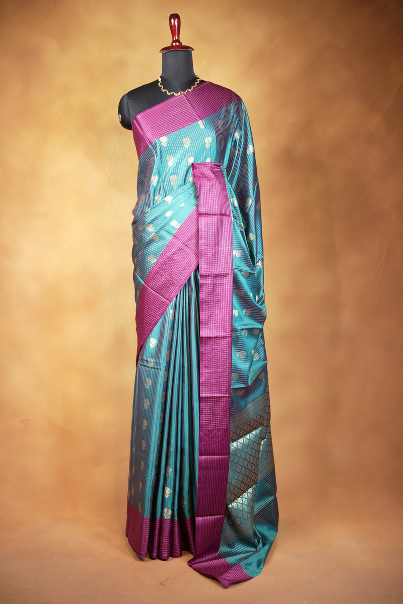 Banarasi Silk Saree | Peacock Green with Gold Buta & Zari Jaal Pallu | Traditional Wedding Saree