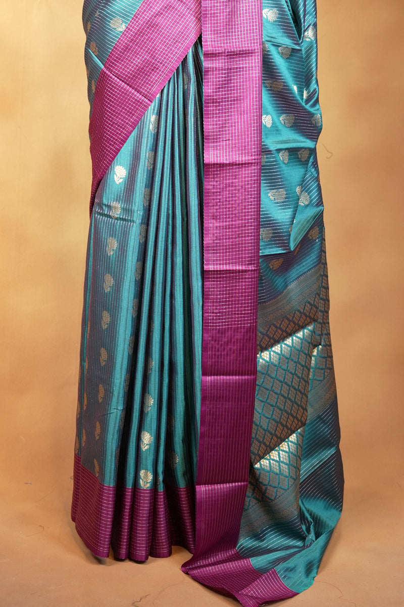Banarasi Silk Saree | Peacock Green with Gold Buta & Zari Jaal Pallu | Traditional Wedding Saree