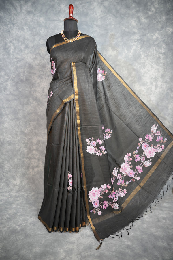 Midnight Bloom Floral Border Cotton Saree – Black Gold Designer Party Wear Cotton Saree
