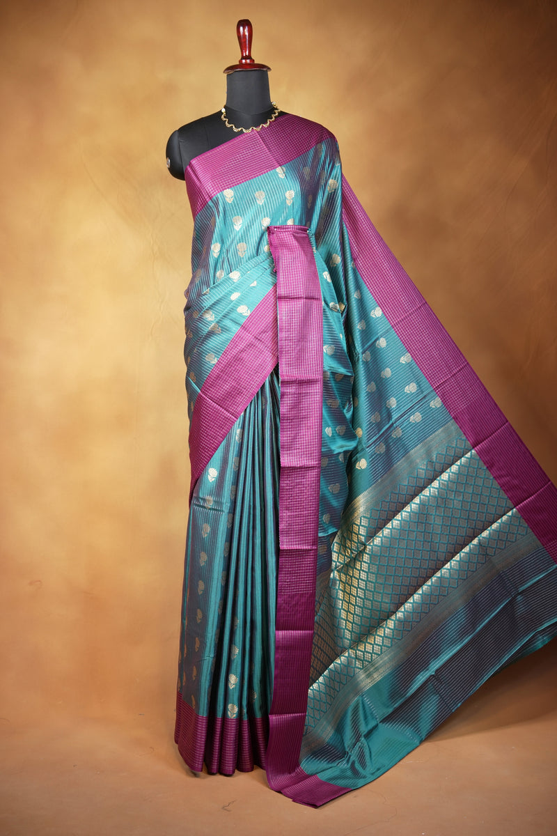Banarasi Silk Saree | Peacock Green with Gold Buta & Zari Jaal Pallu | Traditional Wedding Saree
