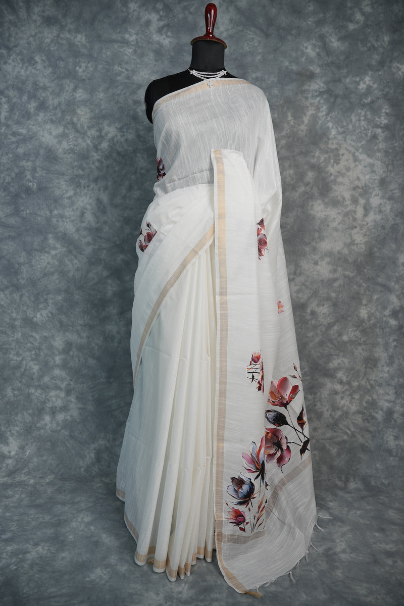 Ivory Blossom Floral Border Cotton Saree – White Gold Designer Party Wear cotton Saree
