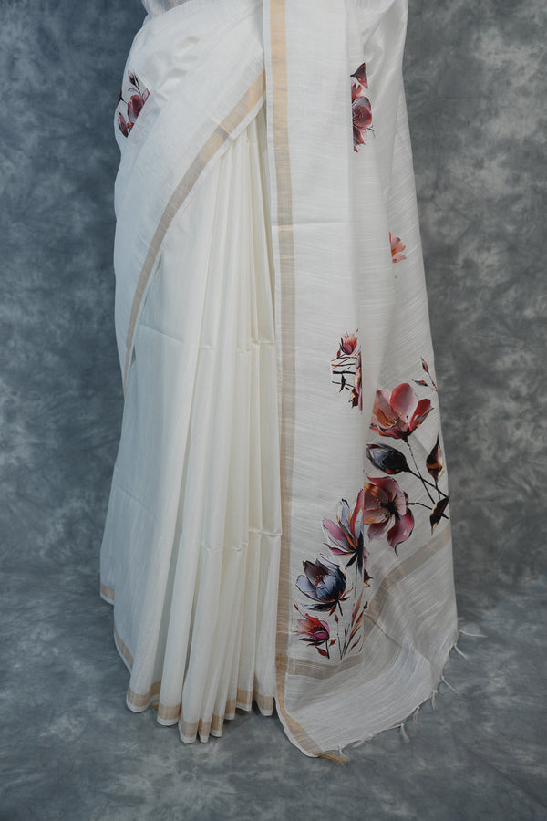 Ivory Blossom Floral Border Cotton Saree – White Gold Designer Party Wear cotton Saree