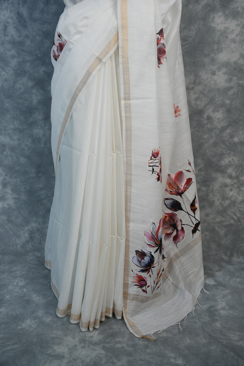 Ivory Blossom Floral Border Cotton Saree – White Gold Designer Party Wear cotton Saree