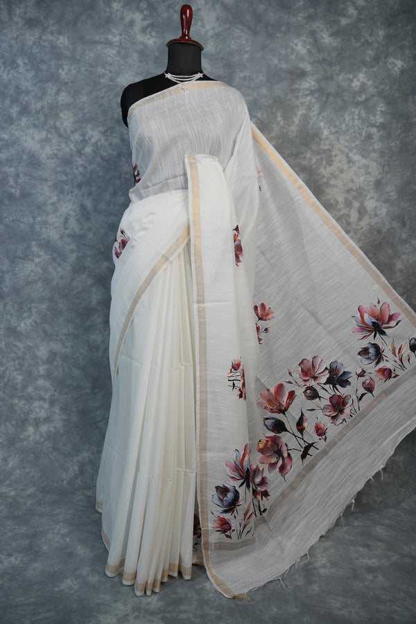 Ivory Blossom Floral Border Cotton Saree – White Gold Designer Party Wear cotton Saree