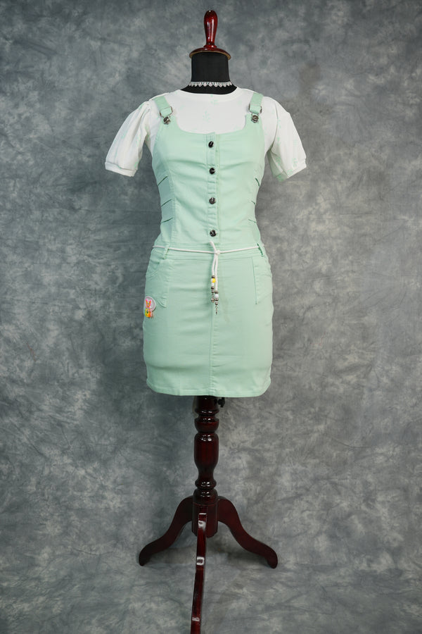 Pista Dungaree Set, Designed with Stylish Front Button Detailing, Trendy Layered Side Patterns, Soft Premium Fabric, Comfortable Fit, and Paired with a Printed Puff Sleeve Inner Top for a Cute & Fashionable Look