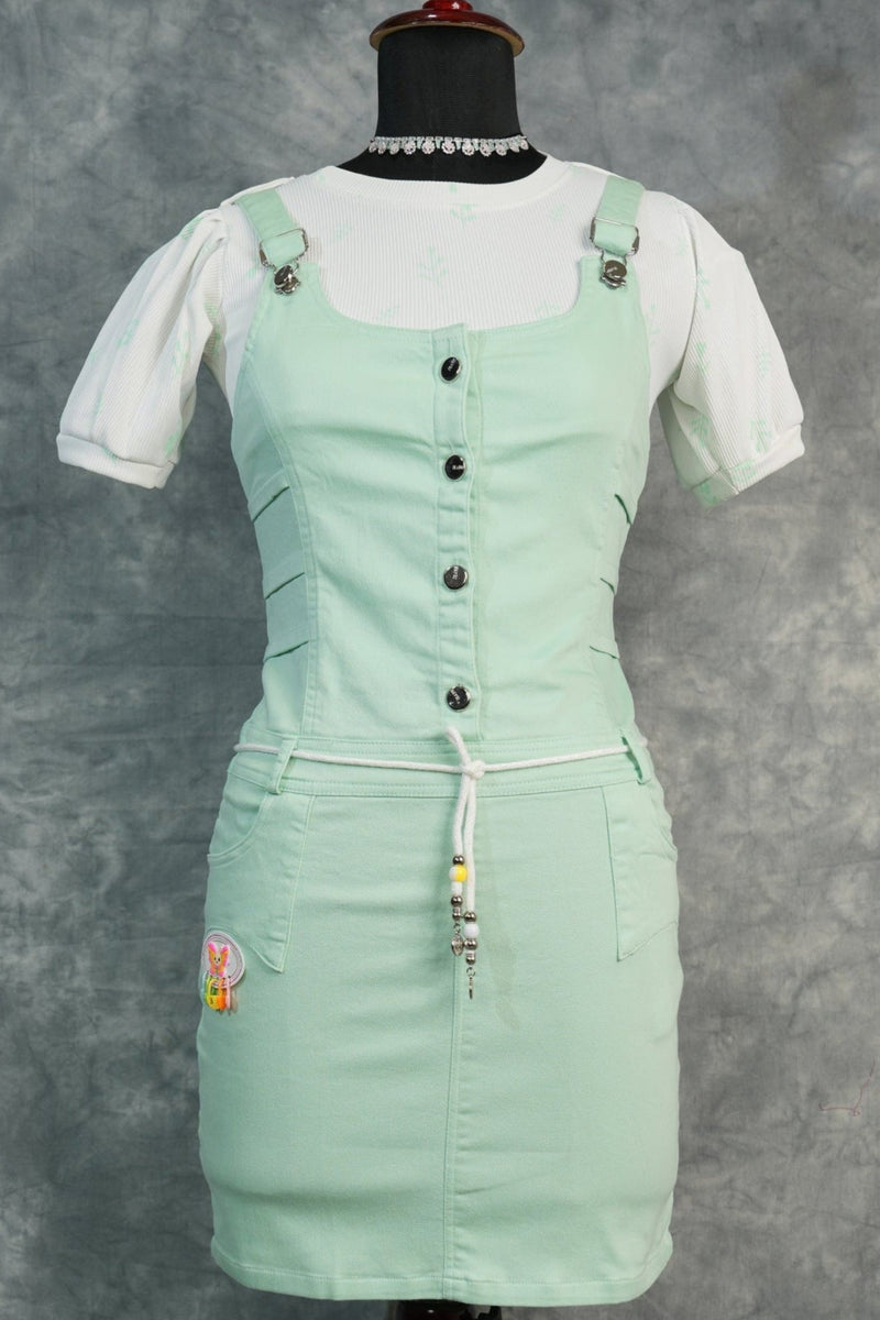 Pista Dungaree Set, Designed with Stylish Front Button Detailing, Trendy Layered Side Patterns, Soft Premium Fabric, Comfortable Fit, and Paired with a Printed Puff Sleeve Inner Top for a Cute & Fashionable Look