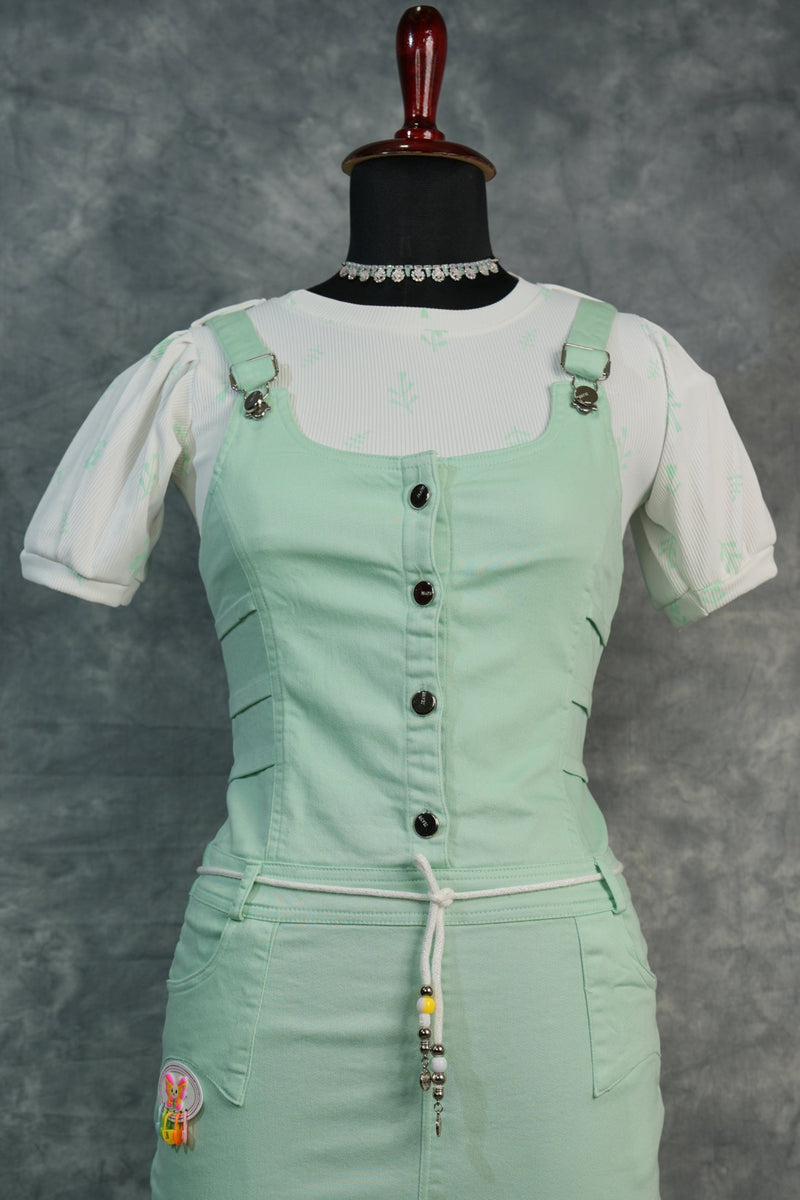 Pista Dungaree Set, Designed with Stylish Front Button Detailing, Trendy Layered Side Patterns, Soft Premium Fabric, Comfortable Fit, and Paired with a Printed Puff Sleeve Inner Top for a Cute & Fashionable Look