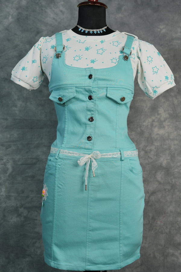 Trendy Sky Blue Dungaree Outfit, Designed with Premium Quality Fabric, Smart Fit, Stylish Side Detailing, and a Coordinated Inner Top for an Adorable Fashion Statement