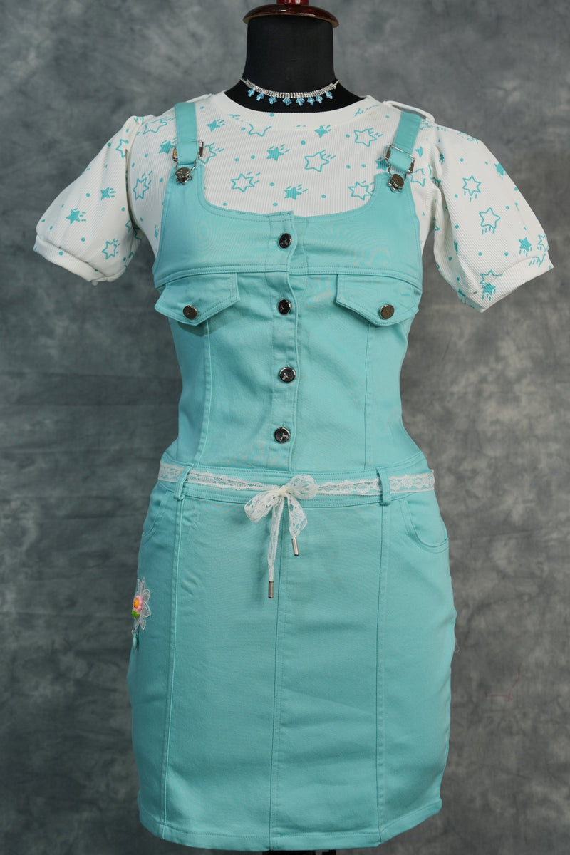 Trendy Sky Blue Dungaree Outfit, Designed with Premium Quality Fabric, Smart Fit, Stylish Side Detailing, and a Coordinated Inner Top for an Adorable Fashion Statement