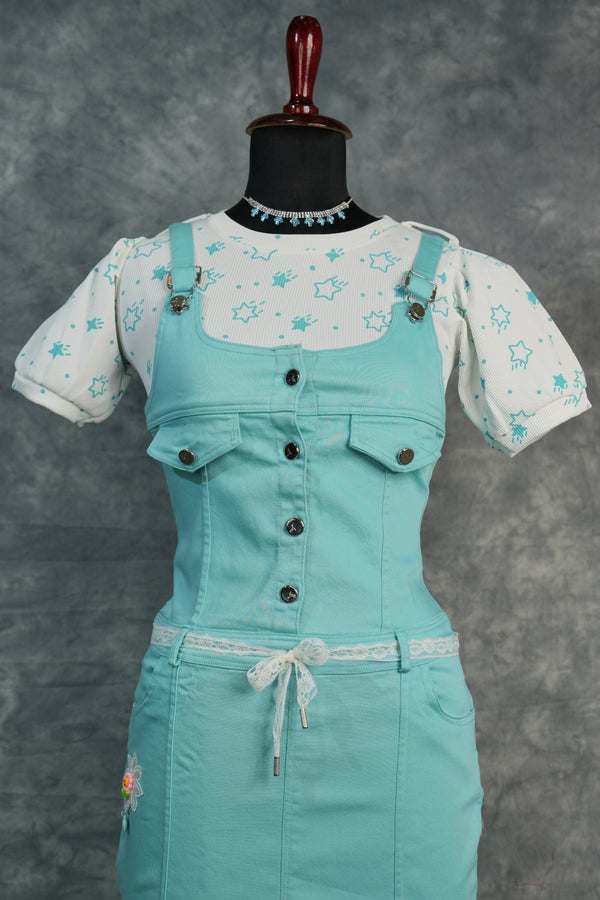 Trendy Sky Blue Dungaree Outfit, Designed with Premium Quality Fabric, Smart Fit, Stylish Side Detailing, and a Coordinated Inner Top for an Adorable Fashion Statement