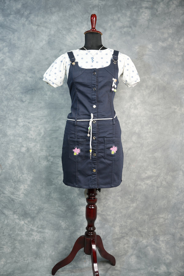 Navy Blue Girls Dungaree Set, Featuring Elegant Button Accents, Modern Casual Styling, Soft Breathable Fabric, and a Matching Printed Top for a Fashionable Kids Outfit