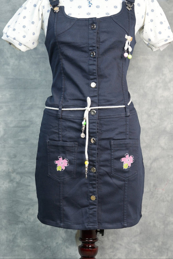 Navy Blue Girls Dungaree Set, Featuring Elegant Button Accents, Modern Casual Styling, Soft Breathable Fabric, and a Matching Printed Top for a Fashionable Kids Outfit