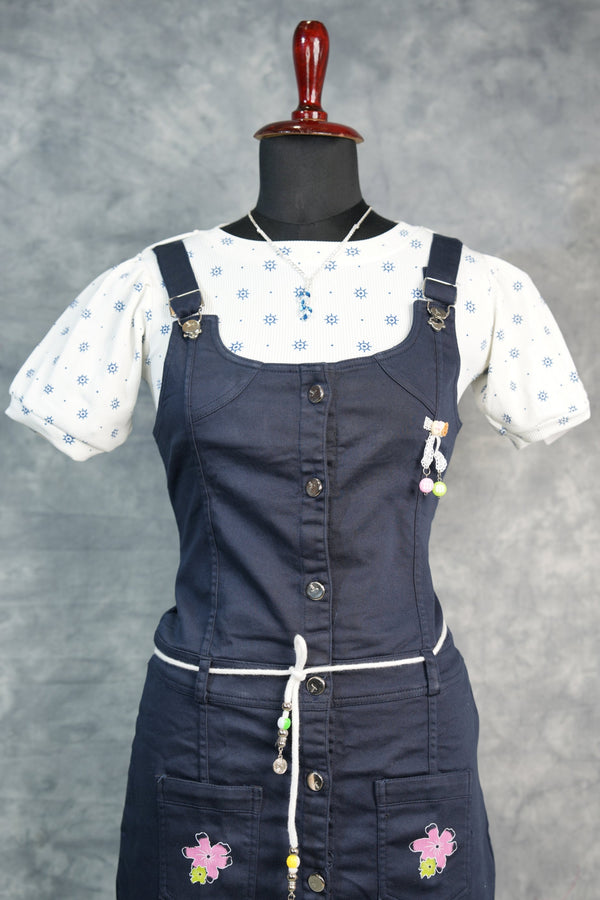 Navy Blue Girls Dungaree Set, Featuring Elegant Button Accents, Modern Casual Styling, Soft Breathable Fabric, and a Matching Printed Top for a Fashionable Kids Outfit