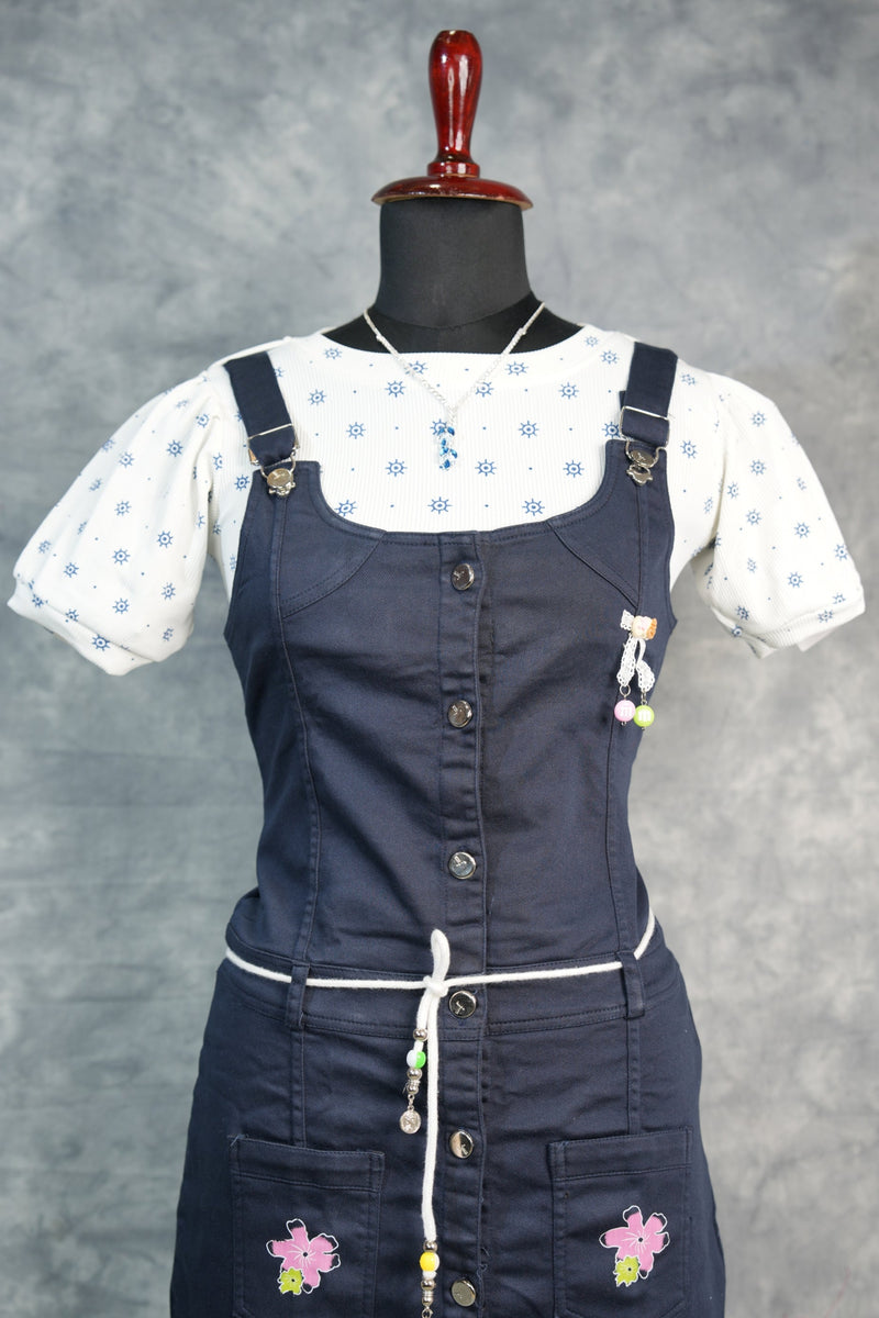 Navy Blue Girls Dungaree Set, Featuring Elegant Button Accents, Modern Casual Styling, Soft Breathable Fabric, and a Matching Printed Top for a Fashionable Kids Outfit