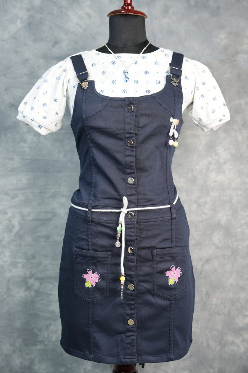 Navy Blue Girls Dungaree Set, Featuring Elegant Button Accents, Modern Casual Styling, Soft Breathable Fabric, and a Matching Printed Top for a Fashionable Kids Outfit