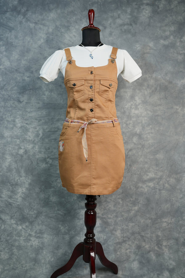 Caramel Brown Girls Dungaree Combo, Featuring Trendy Fashion Detailing, Front Button Closure, Premium Stitching, and a Cute Casual Wear Design
