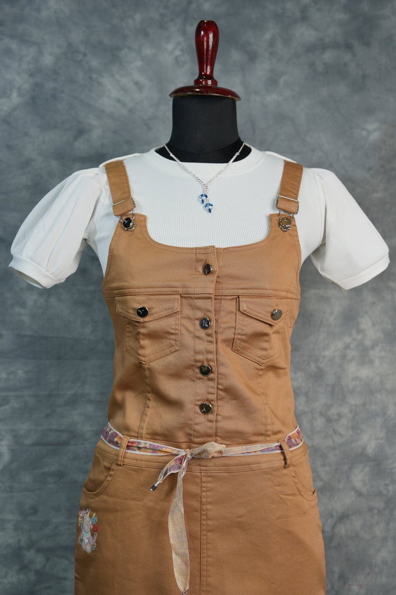 Caramel Brown Girls Dungaree Combo, Featuring Trendy Fashion Detailing, Front Button Closure, Premium Stitching, and a Cute Casual Wear Design