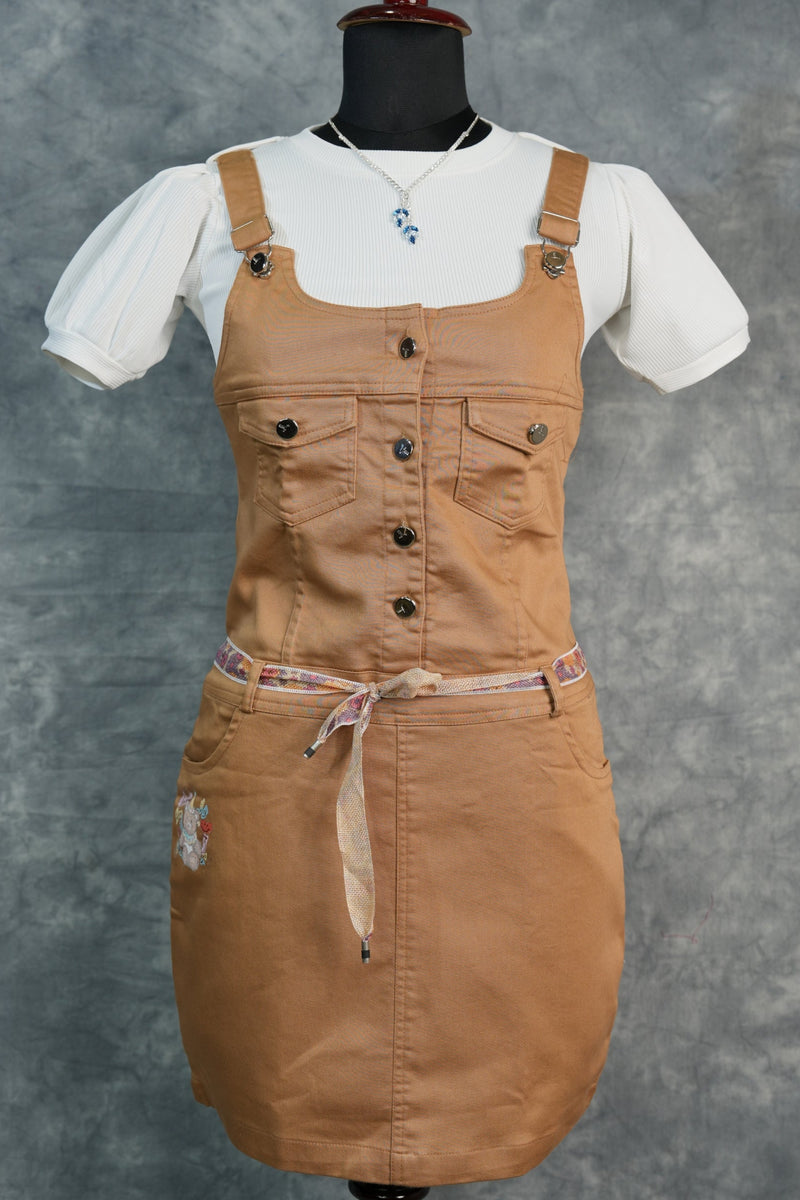Caramel Brown Girls Dungaree Combo, Featuring Trendy Fashion Detailing, Front Button Closure, Premium Stitching, and a Cute Casual Wear Design
