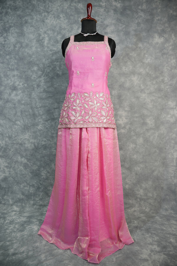 Blush Pink Girls Sharara Set, Crafted in Soft Premium Fabric, Featuring Elegant Floral Embroidery Work, Flowy Flared Design, and Paired with a Stylish Matching Top for Festive Wear