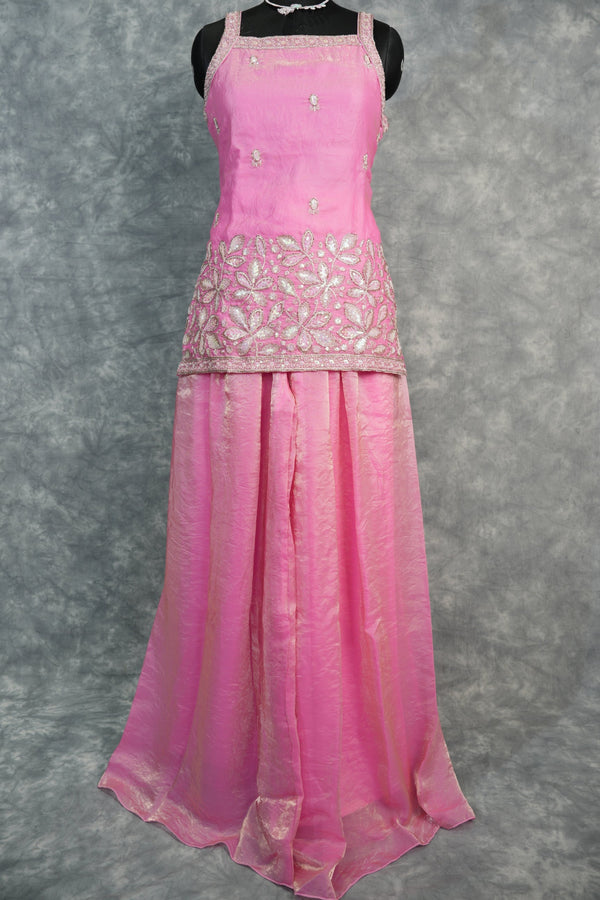 Blush Pink Girls Sharara Set, Crafted in Soft Premium Fabric, Featuring Elegant Floral Embroidery Work, Flowy Flared Design, and Paired with a Stylish Matching Top for Festive Wear