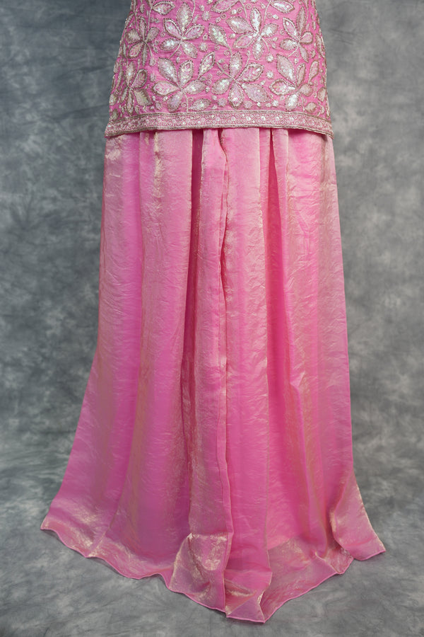 Blush Pink Girls Sharara Set, Crafted in Soft Premium Fabric, Featuring Elegant Floral Embroidery Work, Flowy Flared Design, and Paired with a Stylish Matching Top for Festive Wear