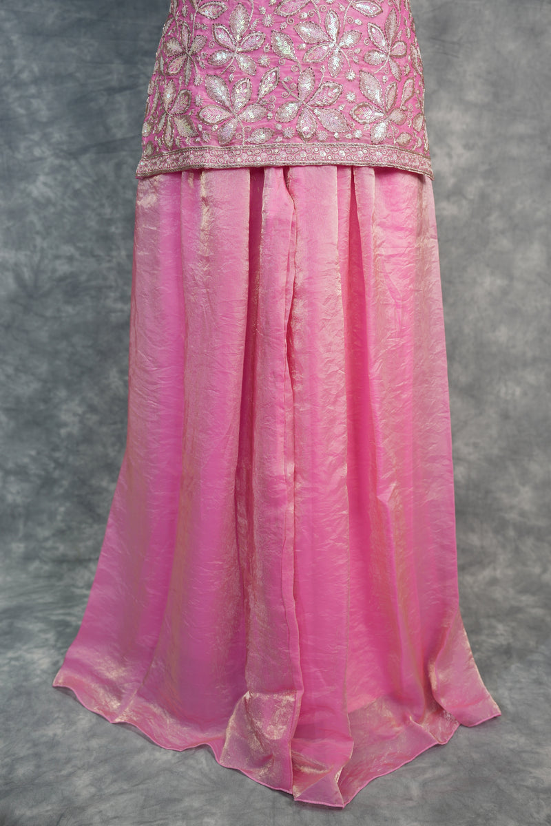 Blush Pink Girls Sharara Set, Crafted in Soft Premium Fabric, Featuring Elegant Floral Embroidery Work, Flowy Flared Design, and Paired with a Stylish Matching Top for Festive Wear