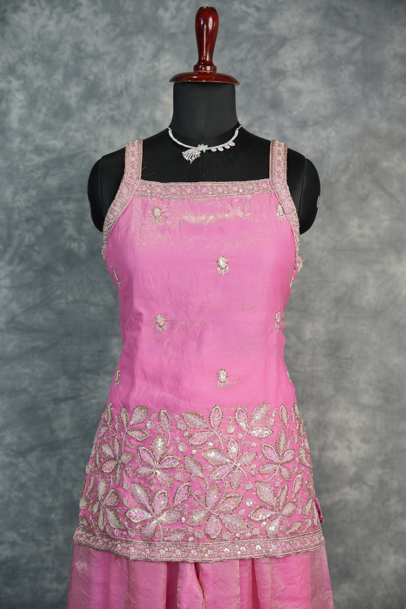 Blush Pink Girls Sharara Set, Crafted in Soft Premium Fabric, Featuring Elegant Floral Embroidery Work, Flowy Flared Design, and Paired with a Stylish Matching Top for Festive Wear