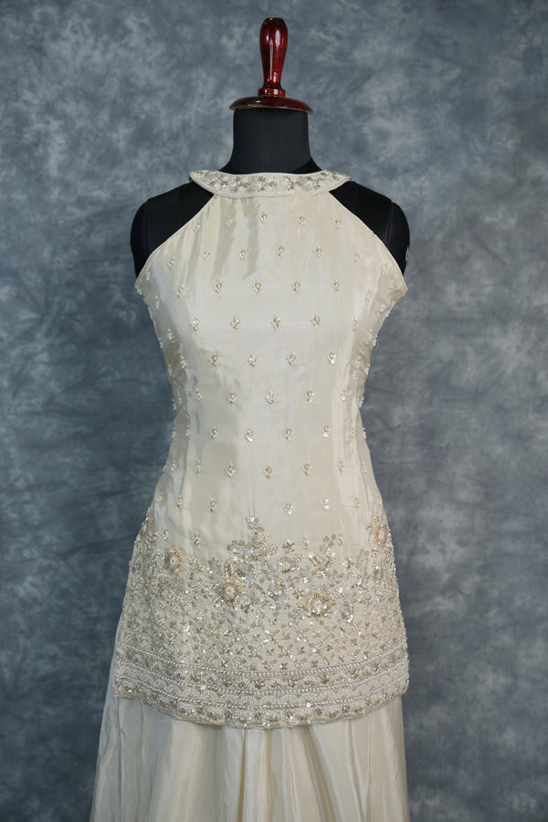 Elegant Ivory Cream Girls Sharara Set Crafted in Soft Premium Fabric with Delicate Floral Embroidery, Flared Design & Matching Top A Graceful Ethnic Wear Outfit for Festive Celebrations
