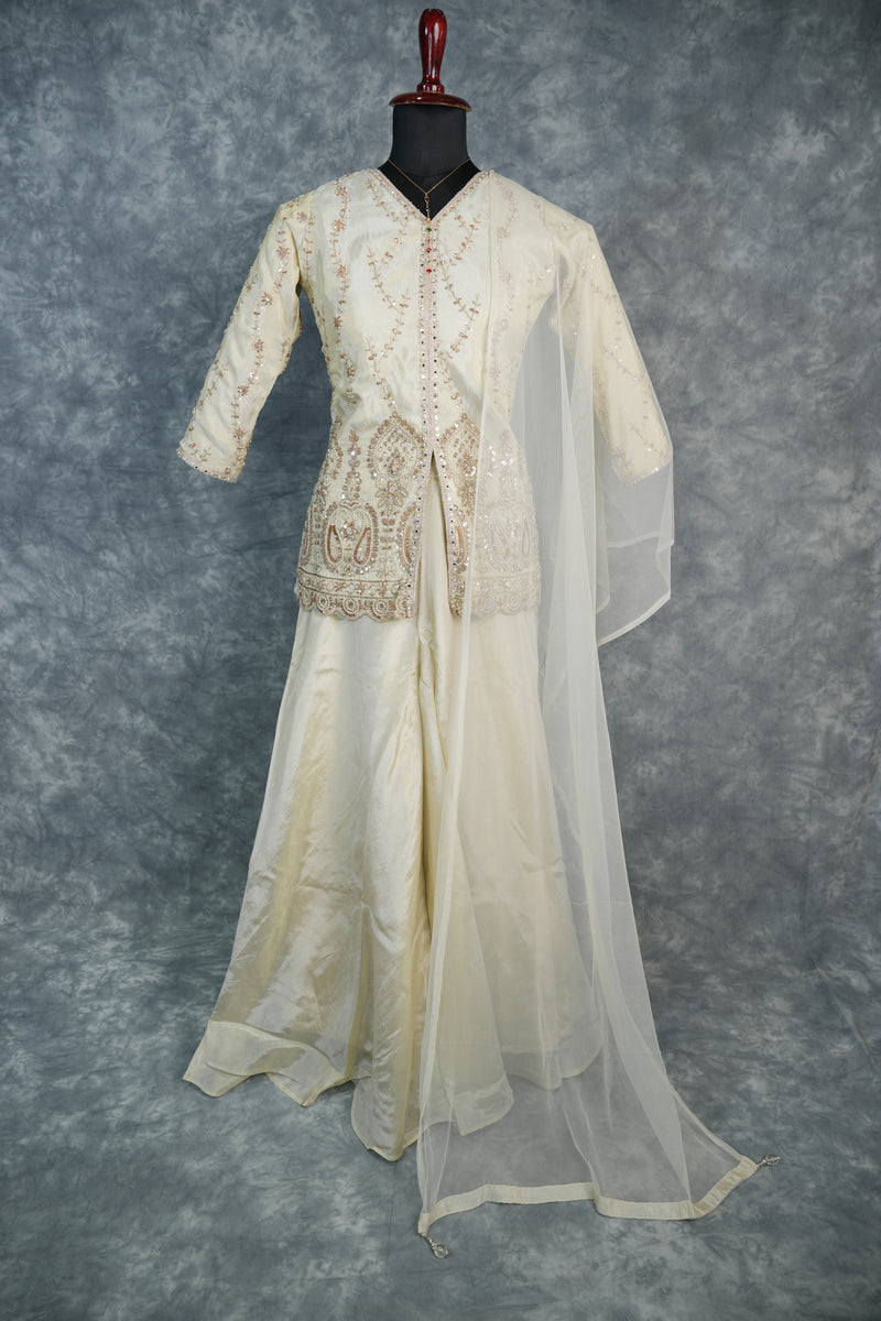Cream White Sharara Set for Girls with Elegant Traditional Look, Soft Fabric Comfort, Beautiful Embroidery Work and Stylish Flare Best for Festive & Occasion Wear