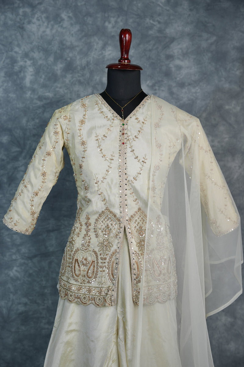 Cream White Sharara Set for Girls with Elegant Traditional Look, Soft Fabric Comfort, Beautiful Embroidery Work and Stylish Flare Best for Festive & Occasion Wear