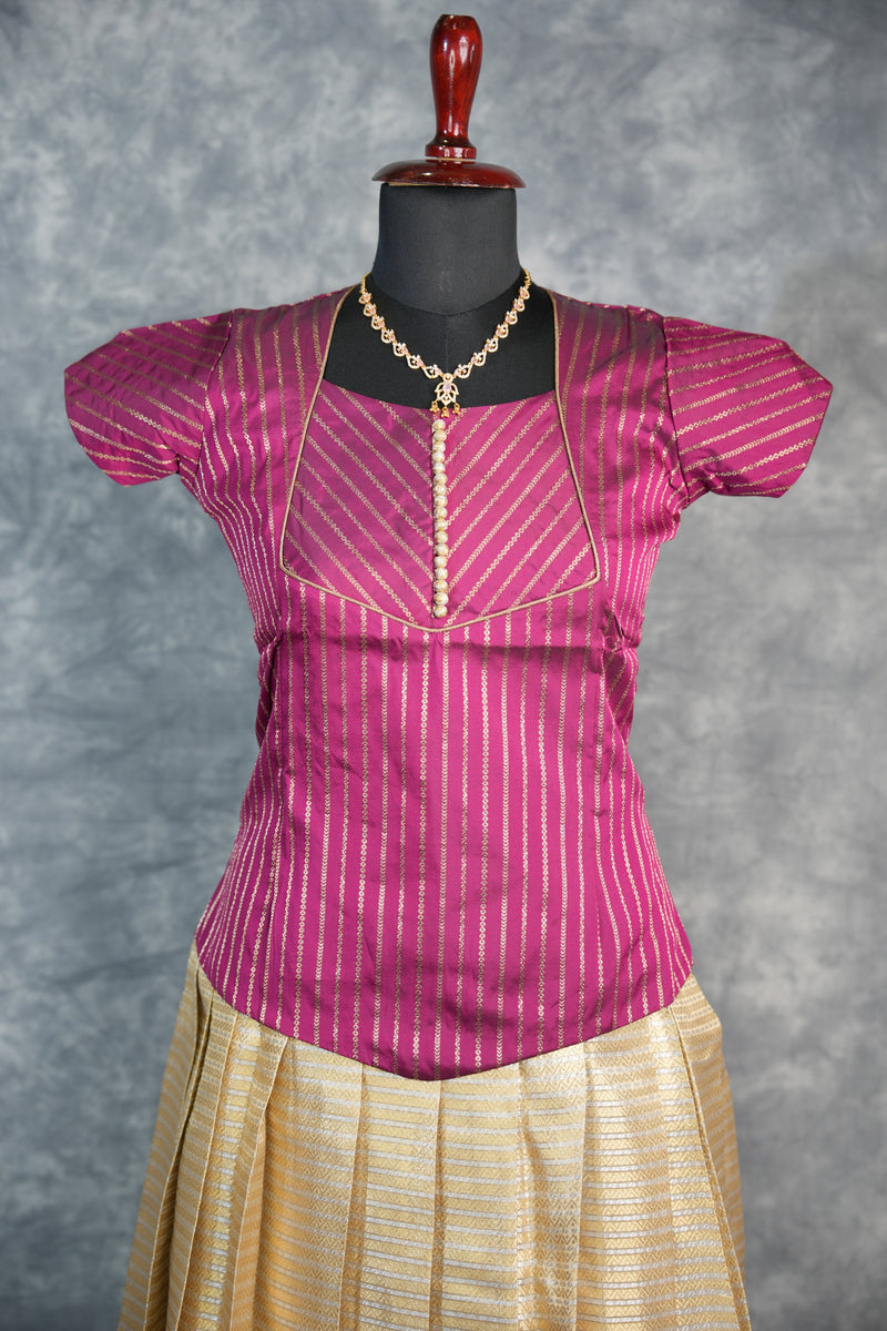 Wine Pattu Pavadai Set for Girls, Designed with Elegant Traditional Woven Patterns on the Skirt, Enhanced by Rich Golden Border Accents, and Paired with a Stylish Contrast Blouse for Festive & Wedding Wear