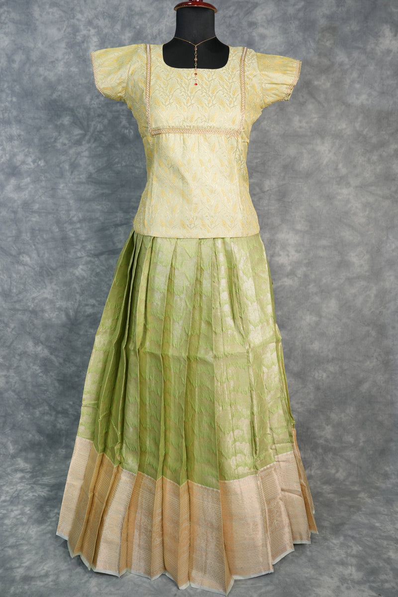 Pista Green Pattu Pavadai with Traditional Golden Zari Borders, Soft Premium Silk Finish & Elegant Ethnic Look – Perfect Festive, Wedding & Grand Occasion Outfit with Comfortable Lehenga Pattern