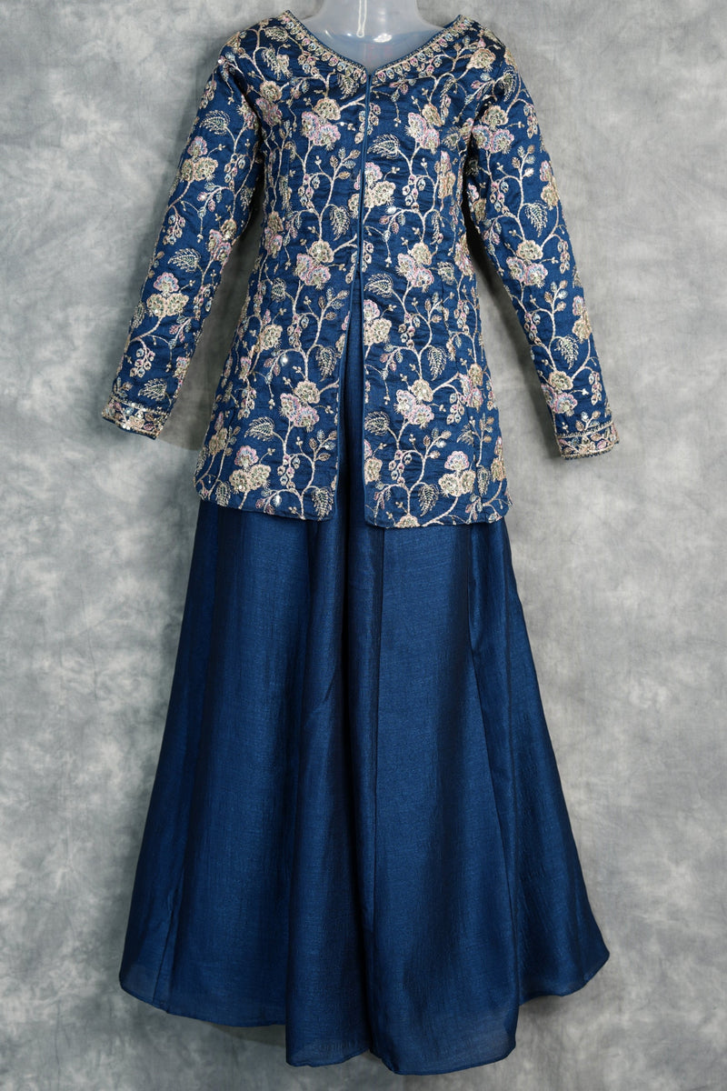 Blue Girls Mastani Palazzo Outfit with Traditional Embroidery Look, Soft Fabric Comfort, Stylish Flared Bottom and Perfect Kids Festive Occasion Wear