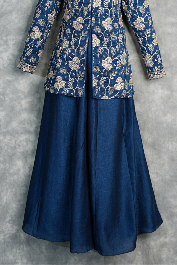 Blue Girls Mastani Palazzo Outfit with Traditional Embroidery Look, Soft Fabric Comfort, Stylish Flared Bottom and Perfect Kids Festive Occasion Wear