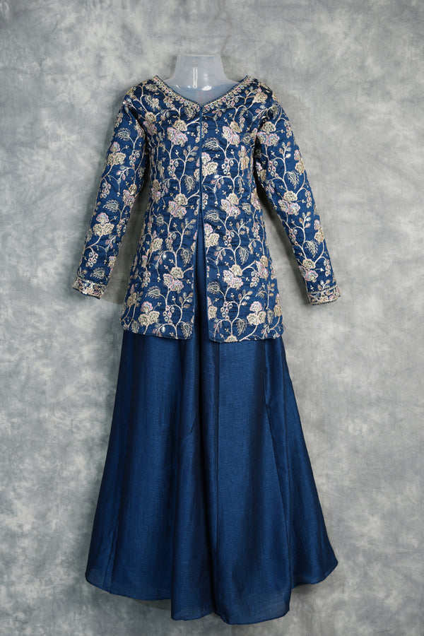 Blue Girls Mastani Palazzo Outfit with Traditional Embroidery Look, Soft Fabric Comfort, Stylish Flared Bottom and Perfect Kids Festive Occasion Wear