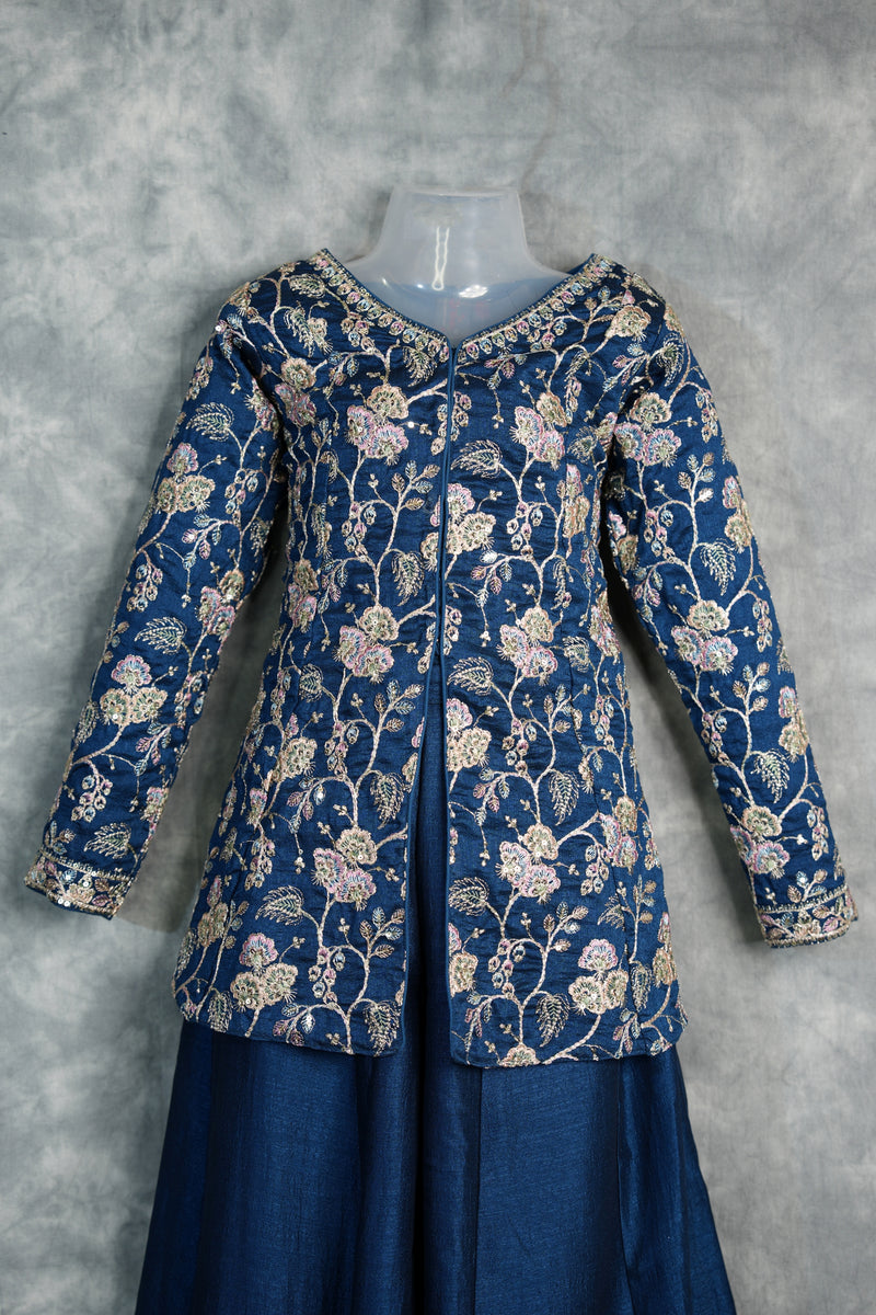 Blue Girls Mastani Palazzo Outfit with Traditional Embroidery Look, Soft Fabric Comfort, Stylish Flared Bottom and Perfect Kids Festive Occasion Wear