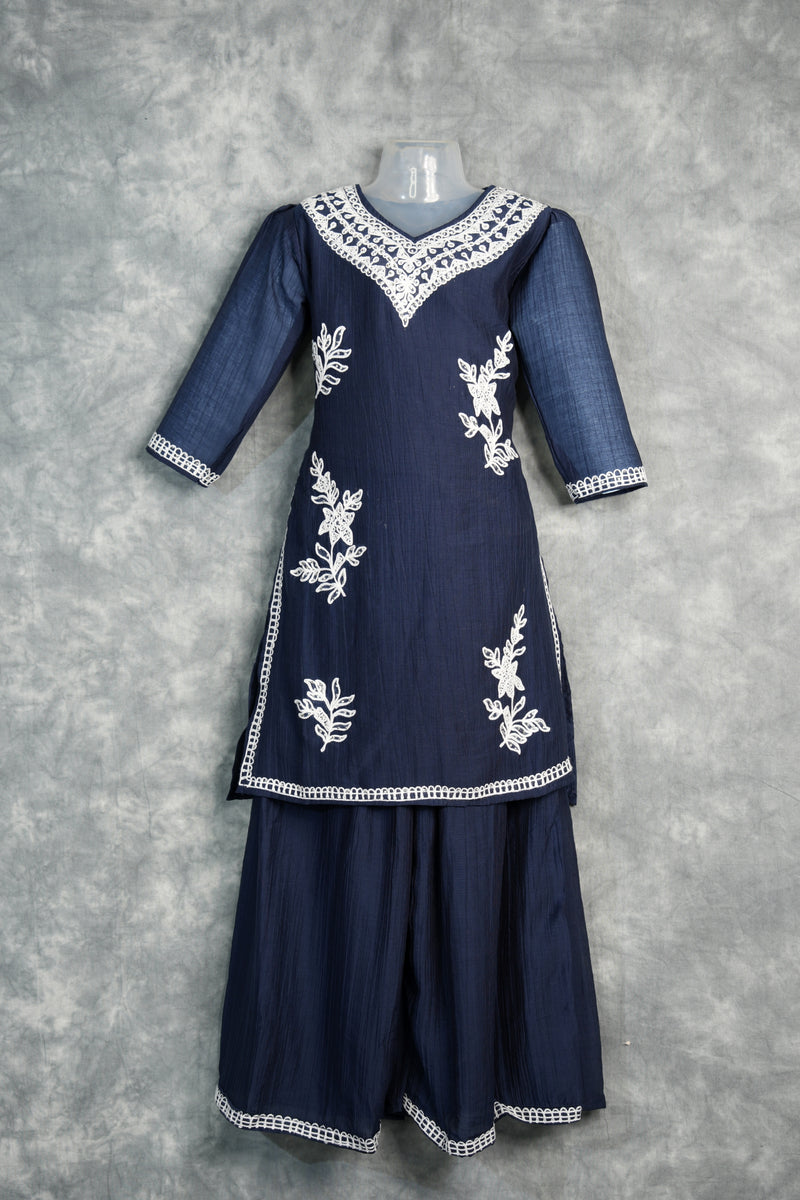 Navy Blue Palazzo Set for Girls Elegant Matching Top & Wide Leg Pants Stylish Festive Outfit for Kids Party & Special Occasions