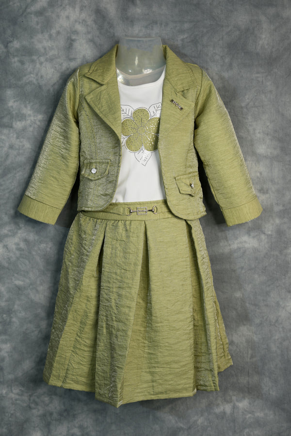 Pista Green Kids Skirt and Top Dress A charming pista green outfit designed with elegant detailing and a stylish silhouette. Crafted for graceful comfort, this kids dress brings a perfect blend of festive charm and modern elegance.