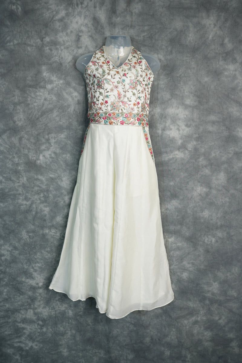 Cream White Embroidered Palazzo Set for Girls Floral Sequin Halter Neck Ethnic Wear Festive Party Wedding Dress for Kids Ivory Anarkali Style Suit