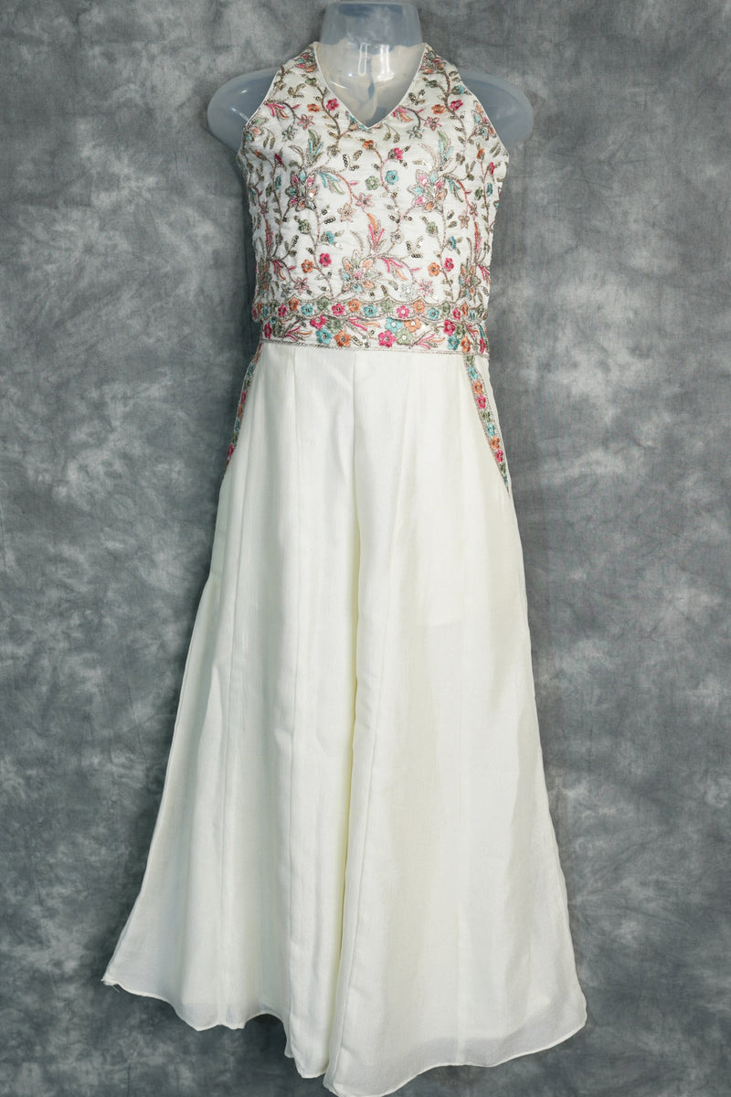 Cream White Embroidered Palazzo Set for Girls Floral Sequin Halter Neck Ethnic Wear Festive Party Wedding Dress for Kids Ivory Anarkali Style Suit