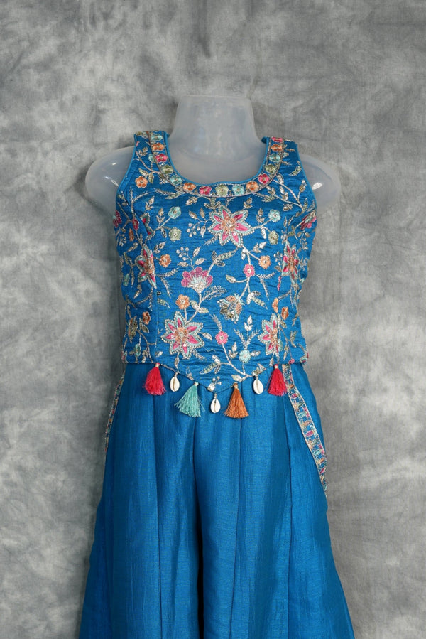 Teal Blue Girls Floral Embroidered Palazzo Set Ethnic Fusion Party Wear with Multicolor Threadwork, Tassel & Cowrie Shell Details for Kids