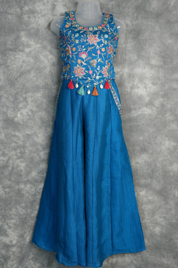 Teal Blue Girls Floral Embroidered Palazzo Set Ethnic Fusion Party Wear with Multicolor Threadwork, Tassel & Cowrie Shell Details for Kids