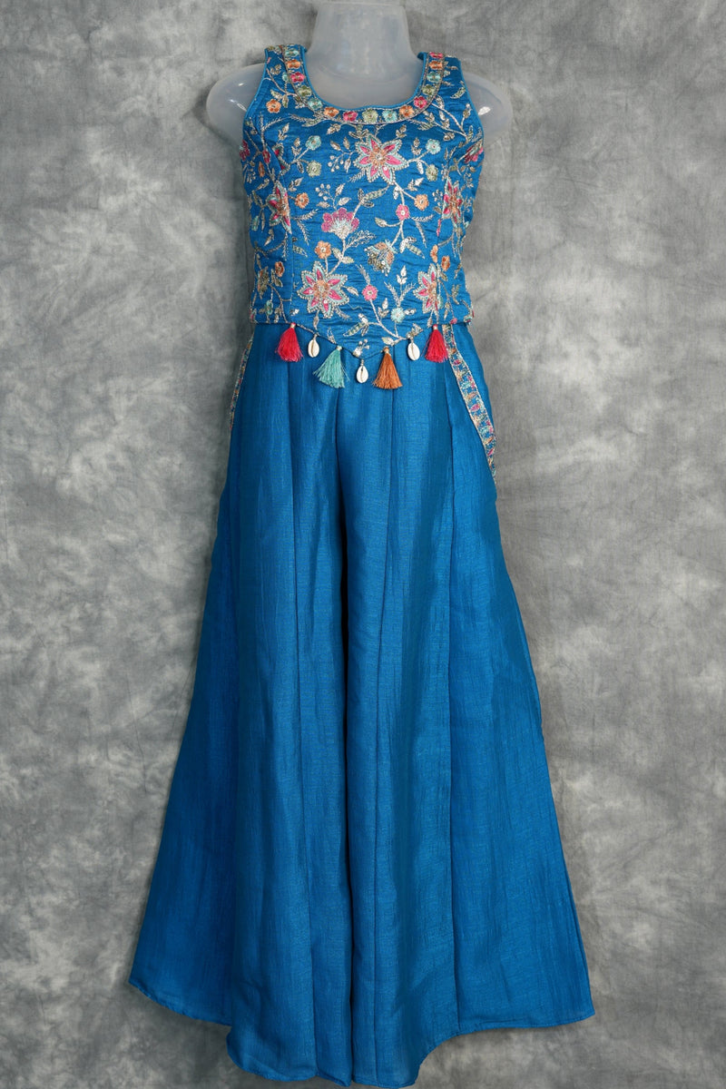 Teal Blue Girls Floral Embroidered Palazzo Set Ethnic Fusion Party Wear with Multicolor Threadwork, Tassel & Cowrie Shell Details for Kids