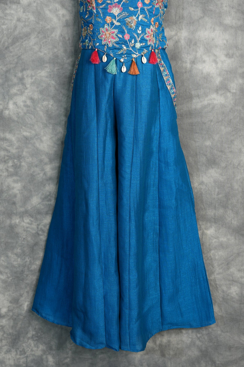 Teal Blue Girls Floral Embroidered Palazzo Set Ethnic Fusion Party Wear with Multicolor Threadwork, Tassel & Cowrie Shell Details for Kids