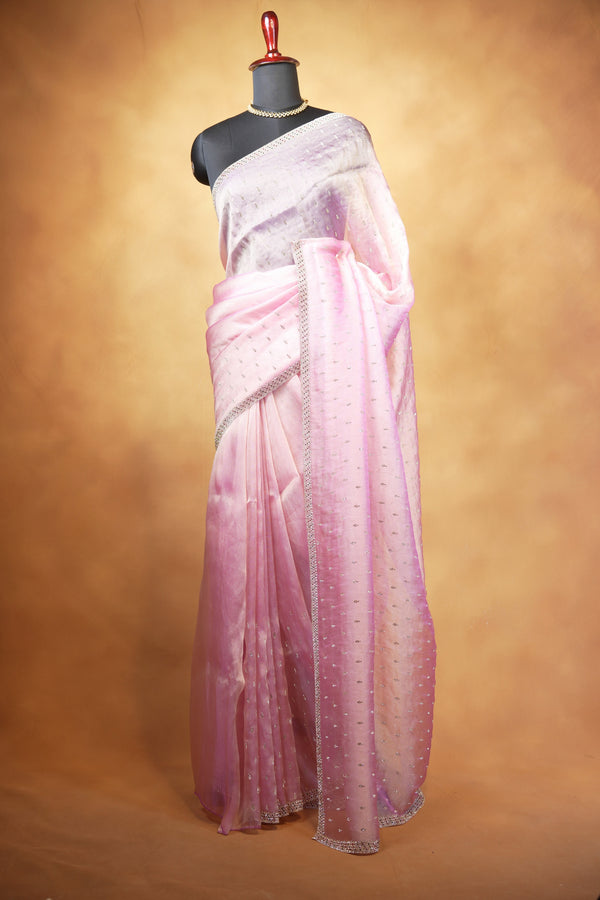 Organza Tissue Saree | Baby Pink Lavender Ombre with Silver Sequin Work | Party & Festive Wear