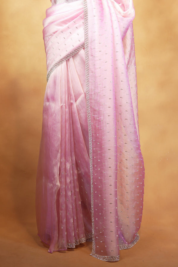 Organza Tissue Saree | Baby Pink Lavender Ombre with Silver Sequin Work | Party & Festive Wear