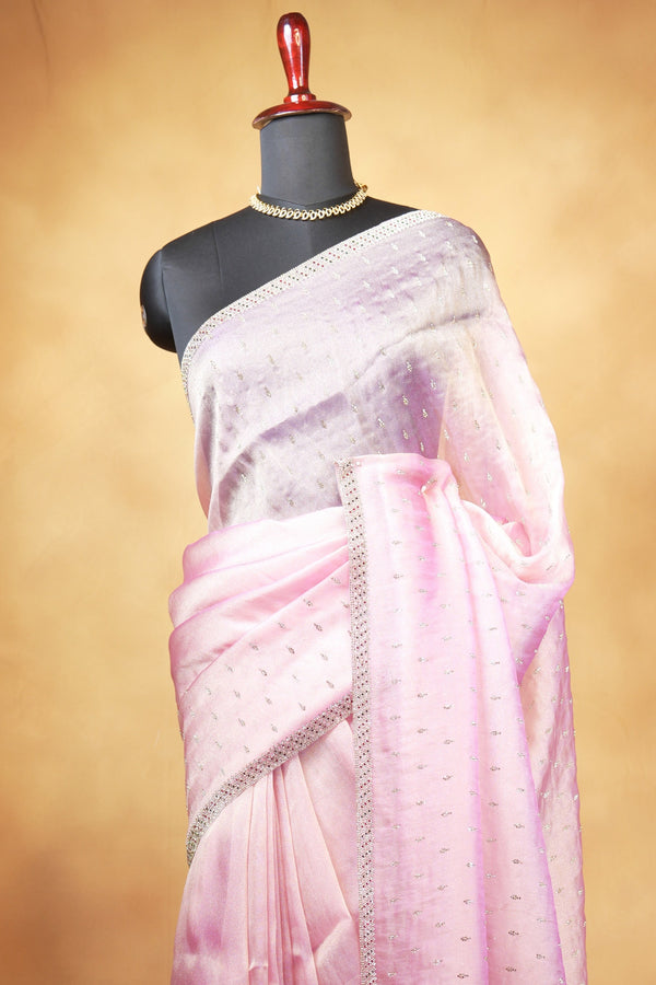 Organza Tissue Saree | Baby Pink Lavender Ombre with Silver Sequin Work | Party & Festive Wear