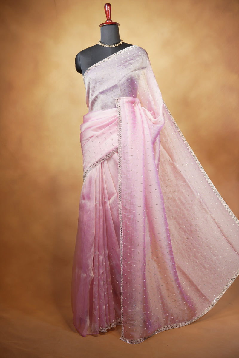 Organza Tissue Saree | Baby Pink Lavender Ombre with Silver Sequin Work | Party & Festive Wear